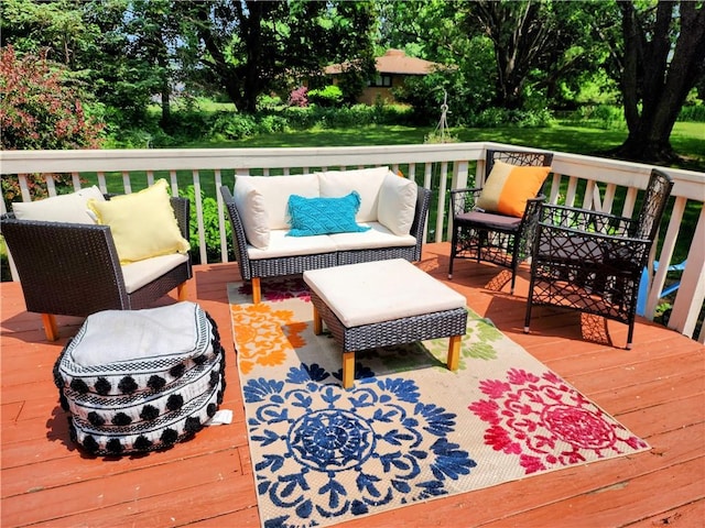 508 Countess Dr, Henrietta, NY 14586 - deck with an outdoor living space and view of scattered trees