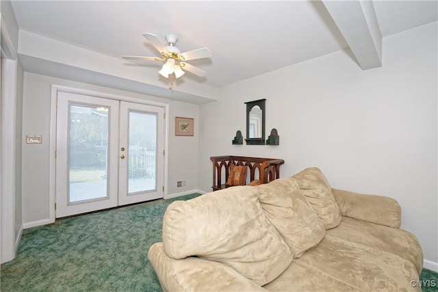 12 Sparrowbush Rd S, S, NY 12110 - living room with french doors, baseboards, carpet flooring, and ceiling fan