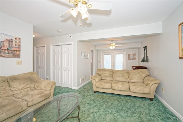 12 Sparrowbush Rd S, S, NY 12110 - living room featuring carpet flooring, a ceiling fan, baseboards, and french doors