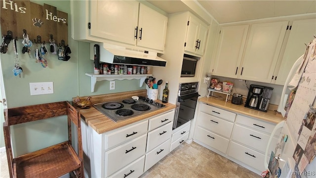 11 Parkview Ct, Arcade, NY 14009 - kitchen featuring black oven, stainless steel electric stovetop, under cabinet range hood, white cabinets, and light countertops