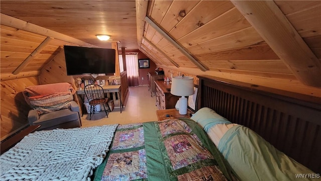 11 Parkview Ct, Arcade, NY 14009 - bedroom featuring wooden ceiling, lofted ceiling, wood finished floors, and wooden walls