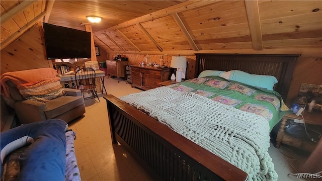 11 Parkview Ct, Arcade, NY 14009 - bedroom with wood ceiling, lofted ceiling, wooden walls, and tile patterned floors