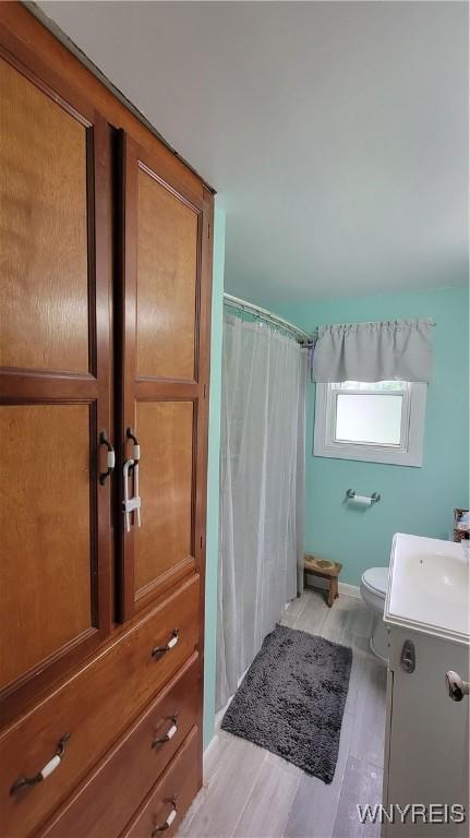 11 Parkview Ct, Arcade, NY 14009 - bathroom featuring vanity, wood finished floors, toilet, baseboards, and a shower with shower curtain