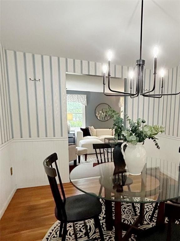 30 Sibley Dr, West Seneca, NY 14224 - dining space with a chandelier, wood finished floors, a wainscoted wall, and wallpapered walls