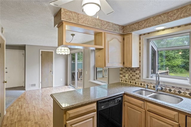69 Tree Brook Dr, Penfield, NY 14625 - kitchen with black dishwasher, a sink, healthy amount of natural light, a textured ceiling, and decorative backsplash