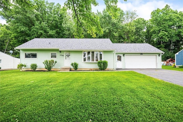 176 Wildbriar Rd, Henrietta, NY 14623 - single story home featuring asphalt driveway, an attached garage, a front lawn, and a shingled roof