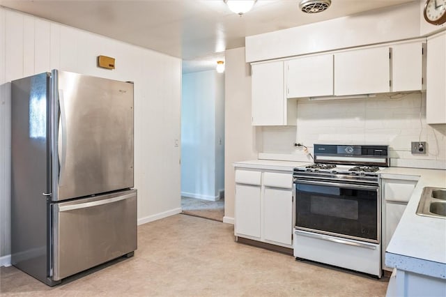 176 Wildbriar Rd, Henrietta, NY 14623 - kitchen with freestanding refrigerator, white range, light countertops, white cabinetry, and baseboards