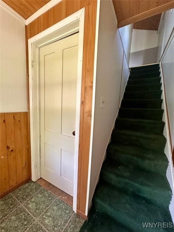 11920 Clarence Center Rd, Newstead, NY 14001 - stairs with wood walls, wooden ceiling, ornamental molding, and a wainscoted wall