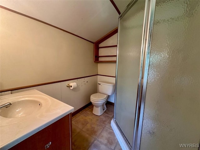 11920 Clarence Center Rd, Newstead, NY 14001 - full bath featuring a stall shower, vanity, vaulted ceiling, toilet, and tile patterned floors