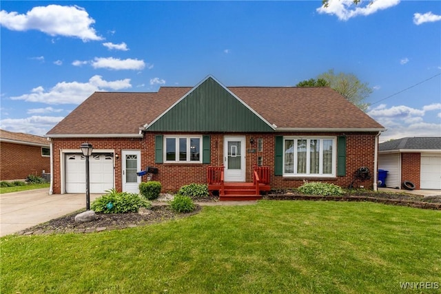 201 Bernadette, West Seneca, NY 14224 - view of front of house with concrete driveway, a garage, brick siding, a front yard, and roof with shingles