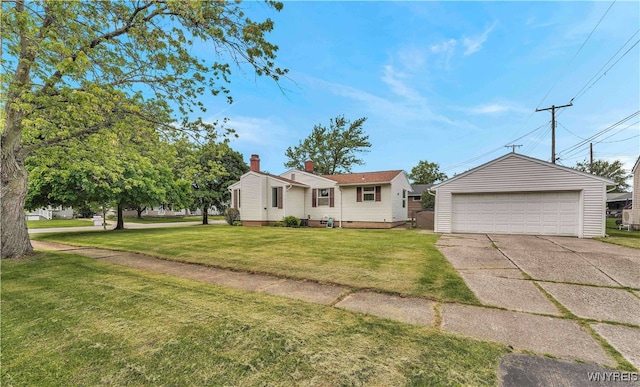 63 Princeton Ct, Cheektowaga, NY 14225 - view of front of house featuring an outdoor structure, a garage, a chimney, and a front lawn