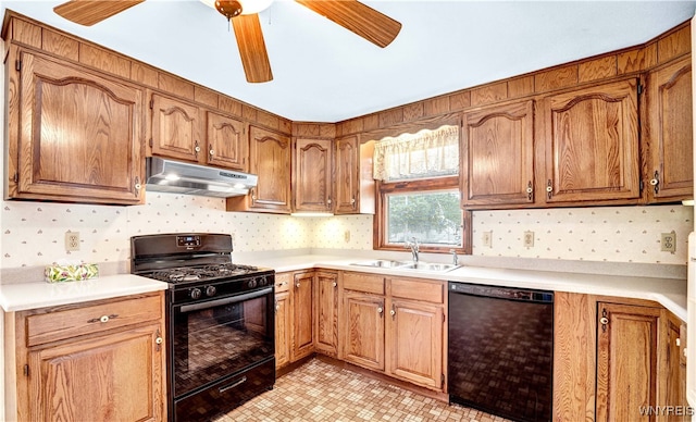 63 Princeton Ct, Cheektowaga, NY 14225 - kitchen with black appliances, under cabinet range hood, a sink, light countertops, and a ceiling fan