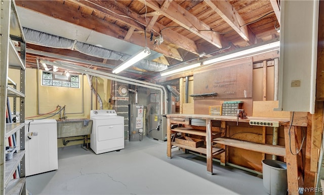 63 Princeton Ct, Cheektowaga, NY 14225 - basement featuring a workshop area, gas water heater, heating unit, and independent washer and dryer