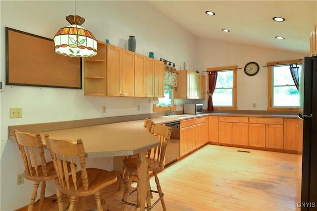 1010 Simmons Rd, Sterling, NY 13156 - kitchen featuring appliances with stainless steel finishes, lofted ceiling, light wood-style floors, a peninsula, and recessed lighting