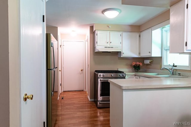 18 Tree Top Dr, Penfield, NY 14625 - kitchen with stainless steel appliances, under cabinet range hood, a sink, light countertops, and white cabinetry