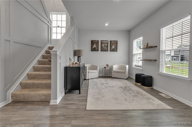 392 Quarry Run, Grand Island, NY 14072 - sitting room featuring stairway, baseboards, plenty of natural light, wood finished floors, and recessed lighting
