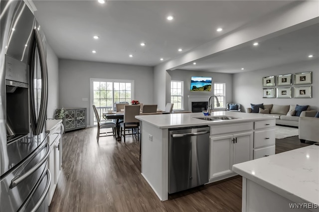 392 Quarry Run, Grand Island, NY 14072 - kitchen with stainless steel appliances, a fireplace, a sink, open floor plan, and dark wood-type flooring