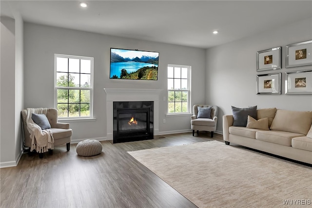 392 Quarry Run, Grand Island, NY 14072 - living room with recessed lighting, wood finished floors, plenty of natural light, a fireplace with flush hearth, and baseboards