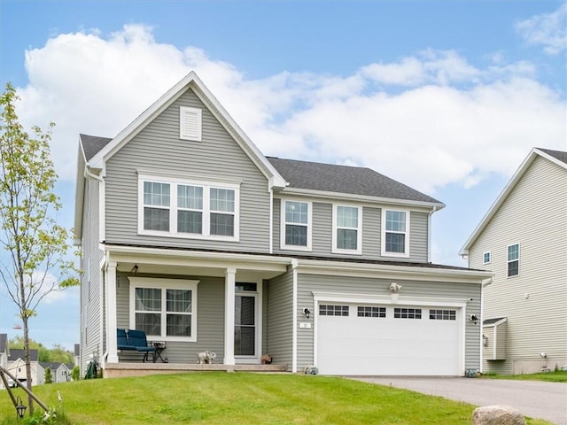 31 Planters Row, Henrietta, NY 14586 - traditional-style house featuring an attached garage, driveway, a front lawn, and a porch