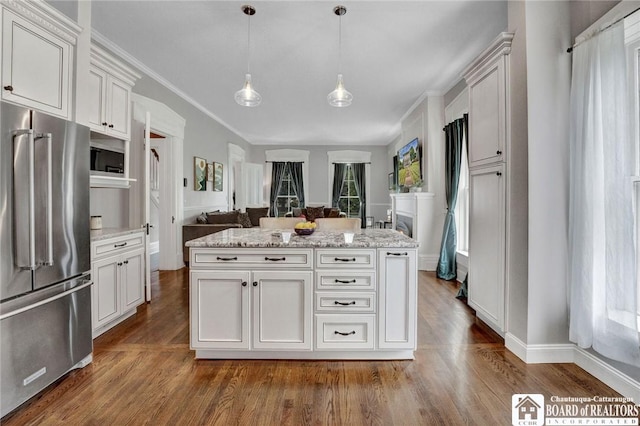 123 Central Ave, Pomfret, NY 14063 - kitchen featuring stainless steel appliances, dark wood-style flooring, white cabinets, pendant lighting, and light stone countertops