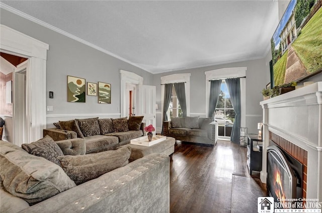 123 Central Ave, Pomfret, NY 14063 - living area with dark wood-style flooring, a brick fireplace, and ornamental molding