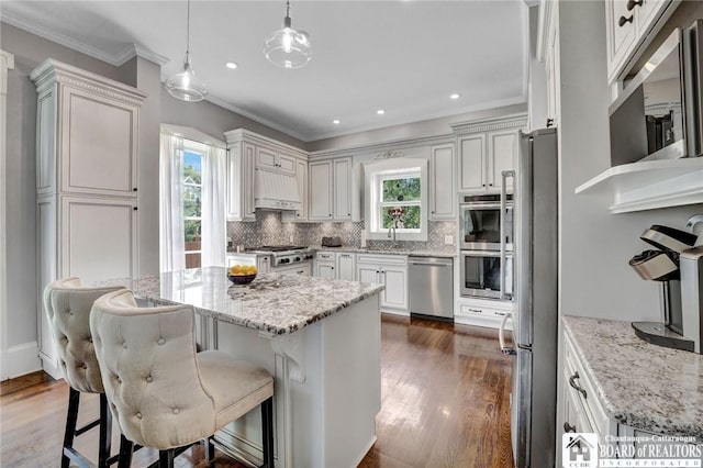 123 Central Ave, Pomfret, NY 14063 - kitchen with appliances with stainless steel finishes, plenty of natural light, dark wood-type flooring, backsplash, and ornamental molding