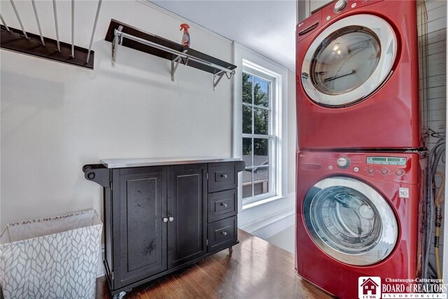 123 Central Ave, Pomfret, NY 14063 - laundry area with stacked washer / dryer and dark wood-type flooring
