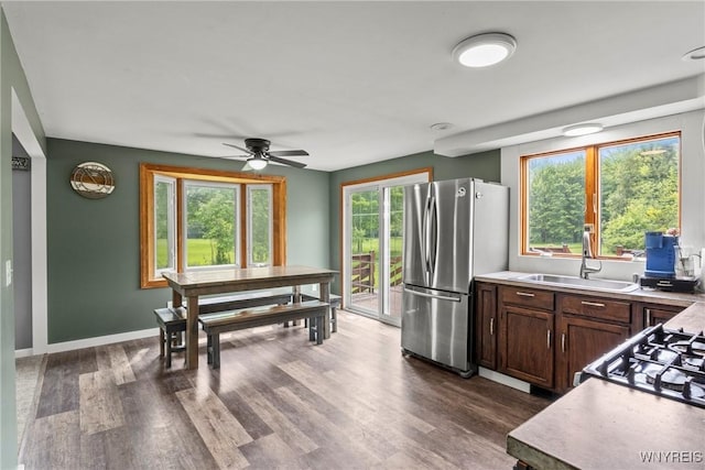 1621 Cain Rd, Brant, NY 14111 - kitchen featuring freestanding refrigerator, a sink, ceiling fan, light countertops, and healthy amount of natural light