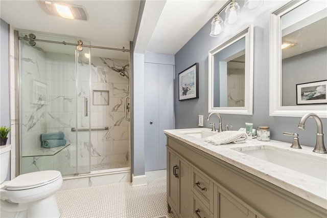 76 W Main St, Mendon, NY 14472 - bathroom featuring toilet, a marble finish shower, double vanity, and tile patterned floors