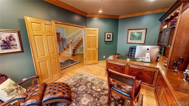 3248 Lockport Olcott Rd, Newfane, NY 14108 - office featuring ornamental molding, light wood-type flooring, and recessed lighting