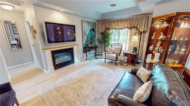 3248 Lockport Olcott Rd, Newfane, NY 14108 - living room featuring a glass covered fireplace, wood finished floors, baseboards, and a baseboard heating unit