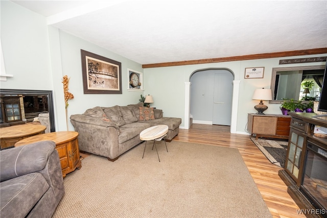 6817 Revere Dr, Evans, NY 14047 - living room featuring arched walkways, light wood finished floors, and a glass covered fireplace