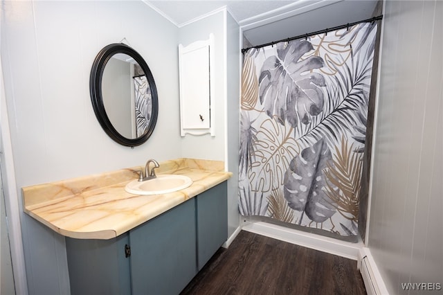 6817 Revere Dr, Evans, NY 14047 - full bath with wood finished floors, vanity, a baseboard radiator, crown molding, and a shower with shower curtain