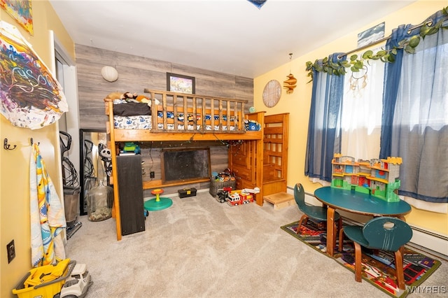 6817 Revere Dr, Evans, NY 14047 - recreation room with wood walls, carpet, and a baseboard heating unit