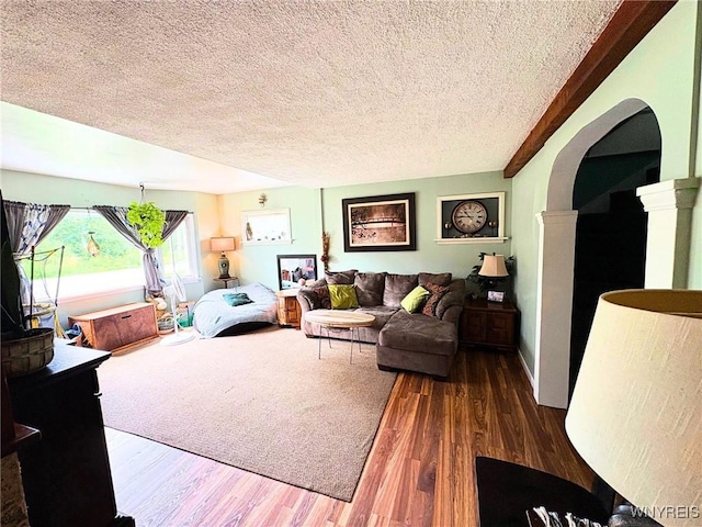 6817 Revere Dr, Evans, NY 14047 - living room featuring a textured ceiling, wood finished floors, and arched walkways