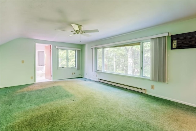 120 Scotch Ln, Irondequoit, NY 14617 - spare room with a baseboard heating unit, a ceiling fan, a wall mounted air conditioner, carpet, and lofted ceiling