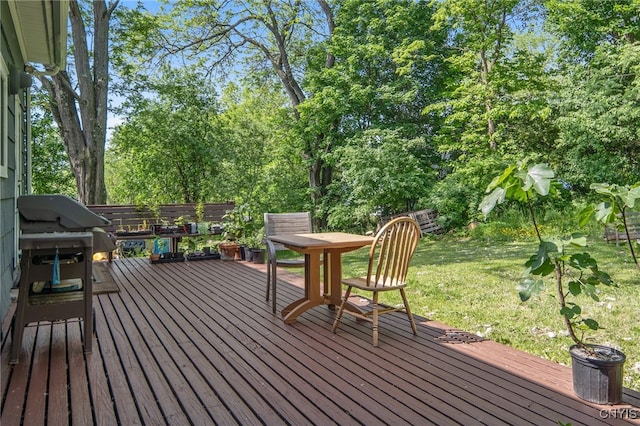 435 Elm St, Ithaca City, NY 14850 - wooden terrace with outdoor dining area and view of scattered trees