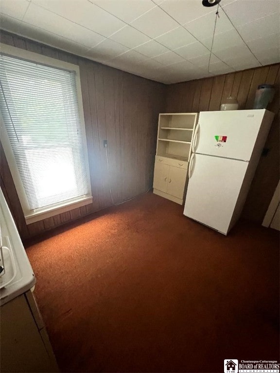 100 Eagle St, Pomfret, NY 14063 - interior space featuring freestanding refrigerator, wooden walls, and dark colored carpet