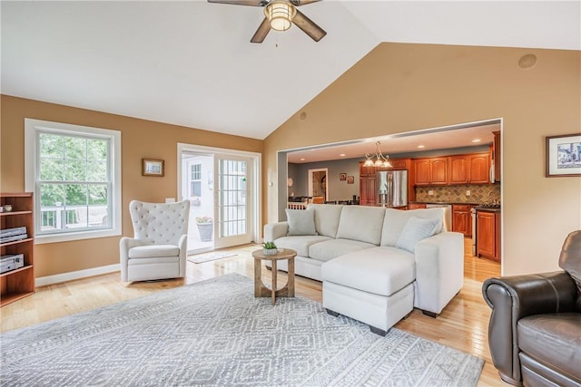 654 Lake Shore Blvd, Irondequoit, NY 14617 - living room featuring a ceiling fan, light wood-style flooring, high vaulted ceiling, and recessed lighting