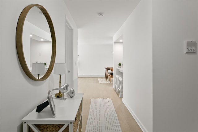 406 Westage At The Hbr, Irondequoit, NY 14617 - hallway featuring a baseboard radiator, light wood-style flooring, recessed lighting, and baseboards