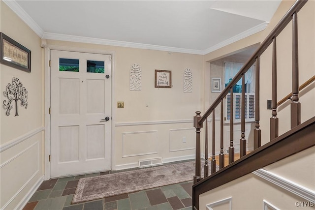 223 Windcrest Dr, Camillus, NY 13031 - entrance foyer with a decorative wall, ornamental molding, stairway, and a wainscoted wall