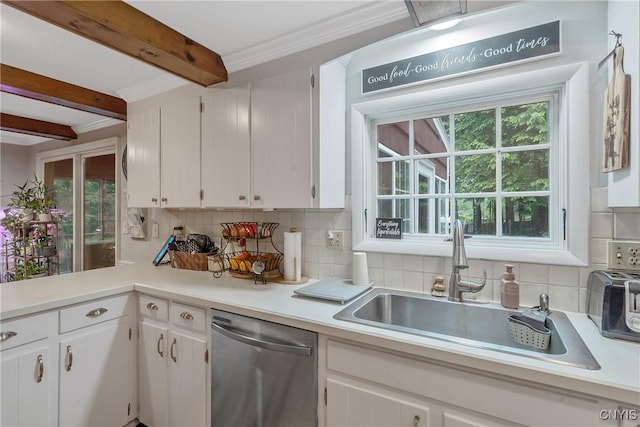 223 Windcrest Dr, Camillus, NY 13031 - kitchen with stainless steel dishwasher, light countertops, backsplash, crown molding, and beamed ceiling