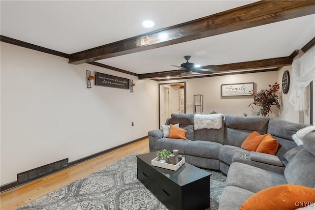 223 Windcrest Dr, Camillus, NY 13031 - living room featuring wood finished floors, beam ceiling, ceiling fan, and ornamental molding
