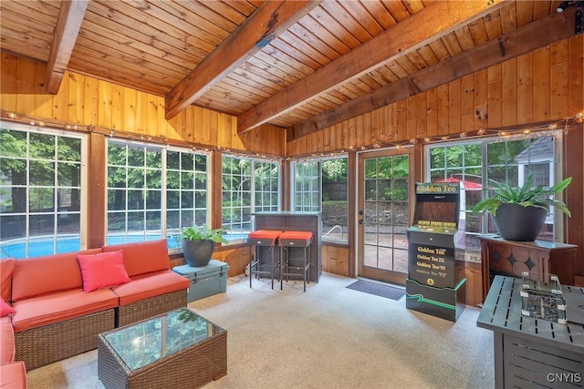 223 Windcrest Dr, Camillus, NY 13031 - sunroom / solarium with a wood ceiling with exposed beams, wood walls, healthy amount of natural light, and carpet floors