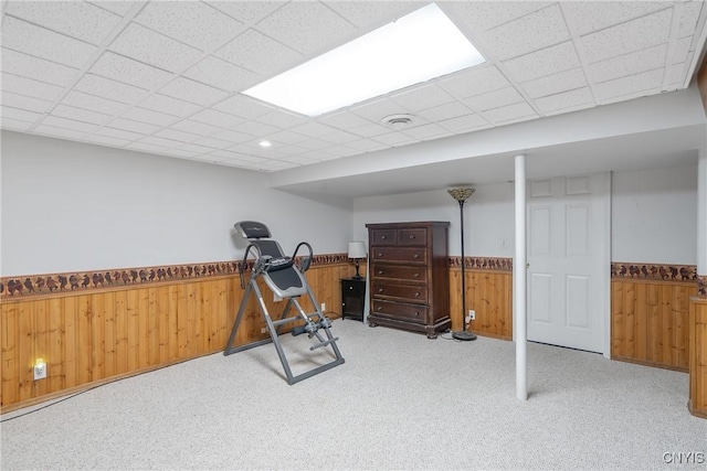223 Windcrest Dr, Camillus, NY 13031 - exercise area with wainscoting, wooden walls, a drop ceiling, and light colored carpet