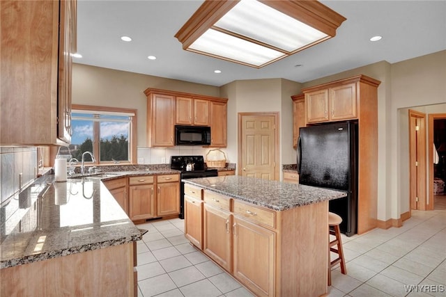 8770 Old State Rd, Allen, NY 14709 - kitchen featuring black appliances, light brown cabinets, a sink, and recessed lighting