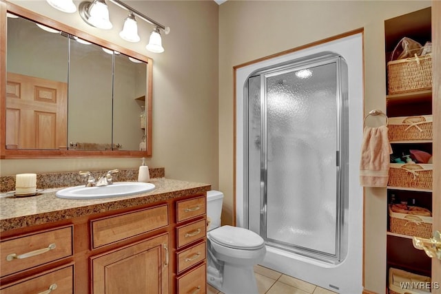 8770 Old State Rd, Allen, NY 14709 - bathroom with toilet, a shower stall, vanity, and tile patterned floors
