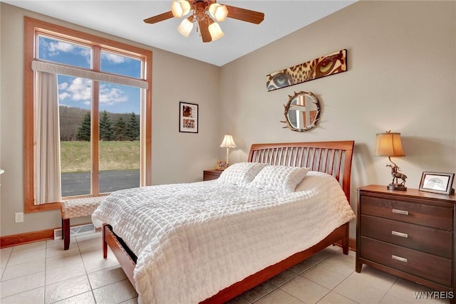 8770 Old State Rd, Allen, NY 14709 - bedroom featuring baseboards, light tile patterned flooring, ceiling fan, and access to outside