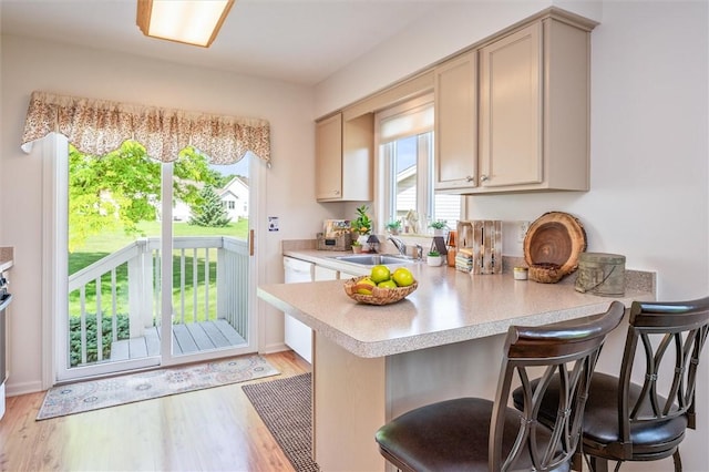 14 Glenn Hvn, Ogden, NY 14559 - kitchen featuring light countertops, a peninsula, light wood finished floors, a sink, and a breakfast bar area