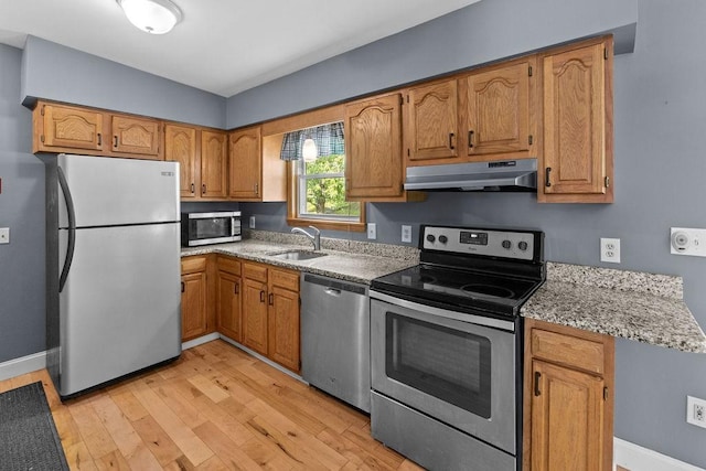 26 Prospect St, Delhi, NY 13753 - kitchen featuring appliances with stainless steel finishes, under cabinet range hood, light wood-type flooring, a sink, and baseboards